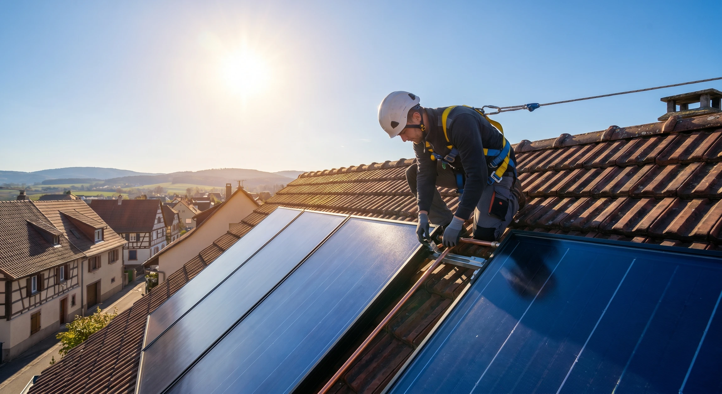 Vue aérienne d'une toiture résidentielle équipée de panneaux solaires photovoltaïques