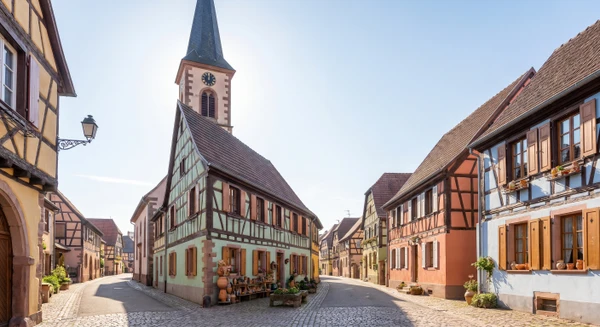 Photographie réaliste en haute résolution du centre-ville ou d'un quartier représentatif de Soufflenheim (Bas-Rhin), montrant des éléments architecturaux typiques alsaciens, des bâtiments caractéristiques et le patrimoine local de cette commune, prise de jour dans des conditions d'éclairage naturel professionnel. L'image doit être une vue urbaine authentique sans personnes au premier plan, évoquant clairement une zone d'intervention géographique en Alsace et distincte des autres localités déjà représentées (Haguenau, Strasbourg, Brumath).