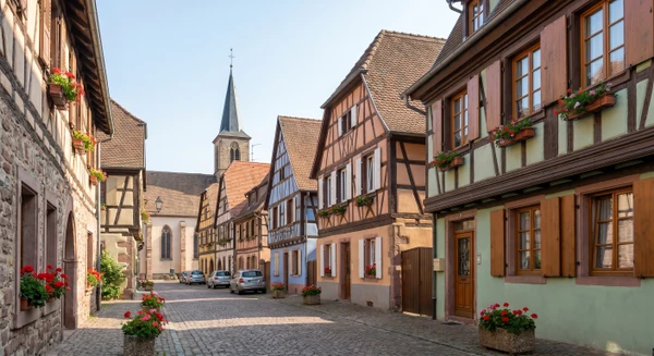 Photographie réaliste en haute résolution du centre-ville ou d'un quartier représentatif de Brumath (Bas-Rhin), montrant des éléments architecturaux typiques alsaciens ou des bâtiments caractéristiques de la localité, prise de jour dans des conditions d'éclairage naturel professionnel. L'image doit être une vue urbaine authentique sans personnes au premier plan, évoquant clairement une zone d'intervention géographique en Alsace.