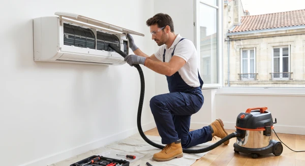 Technicien qualifié effectuant un entretien préventif sur une unité intérieure de climatisation split : il utilise un aspirateur spécialisé et des outils pour nettoyer le filtre et les composants internes de l'unité murale. Le technicien est concentré sur sa tâche dans un intérieur résidentiel, montrant le professionnalisme et la minutie du travail de maintenance. L'image doit être claire et détaillée, mettant l'accent sur l'action de maintenance préventive plutôt que corrective.