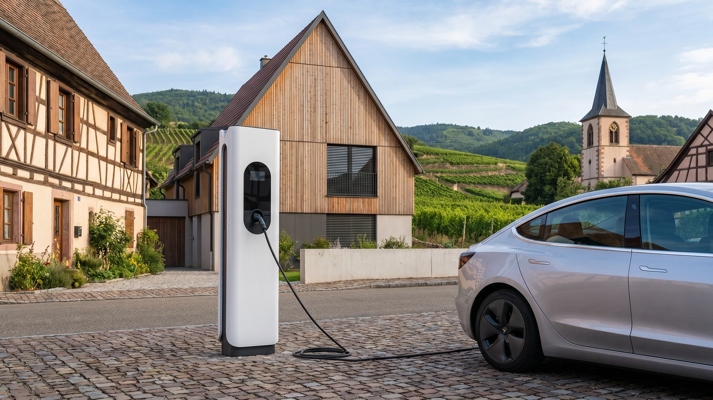 Technicien qualifié travaillant sur l'installation de la station de charge EV à domicile, faisant le dépannage et la configuration sur le système de charge avec l'écran d'ordinateur portable vide pour EV à la maison